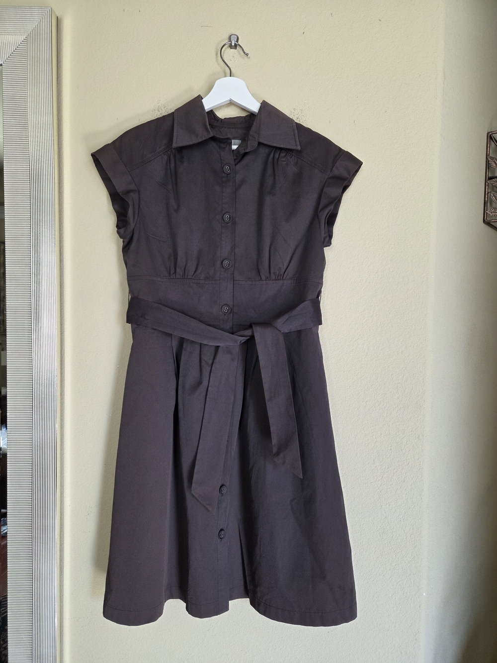 Merona Vintage Dark Brown Button-Front Fit & Flare Midi Dress with Waist Tie